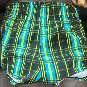Zumba Fitness Black Neon Green Blue Plaid Athletic Shorts